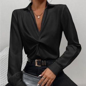 Twist Front Black Office Shirt Long Sleeve Collar Neckline V-Neck